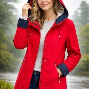 Liz Claiborne Red Hooded Rain Jacket Floral Lined Windbreaker Women's Small